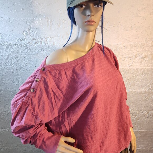 Anthropologie Blush Pink Off the Shoulder Long Sleeve Button Accents Blouse M - Picture 1 of 12